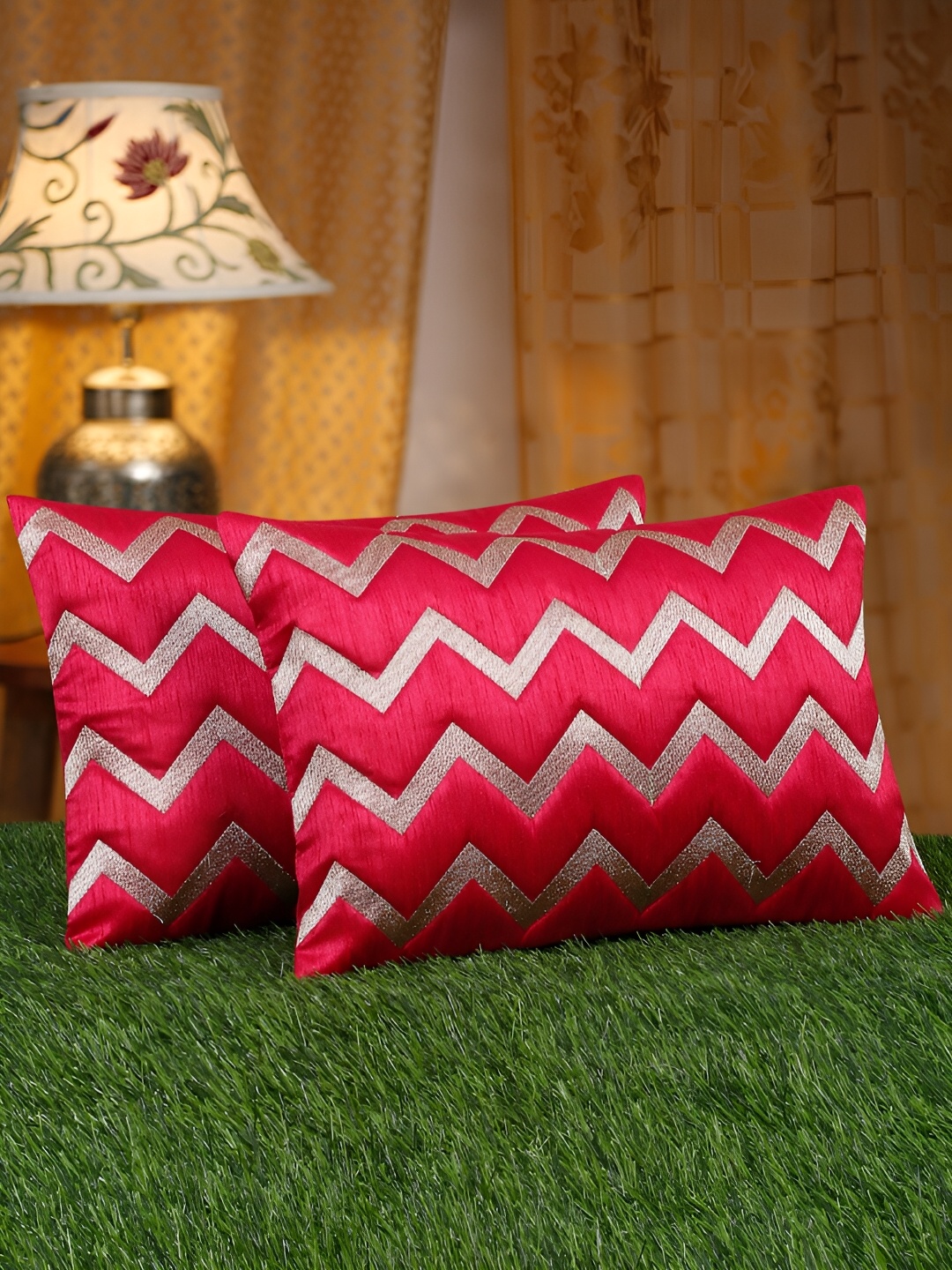 

HOSTA HOMES Pink & Gold-Toned 2 Pieces Embellished Rectangle Cushion Covers