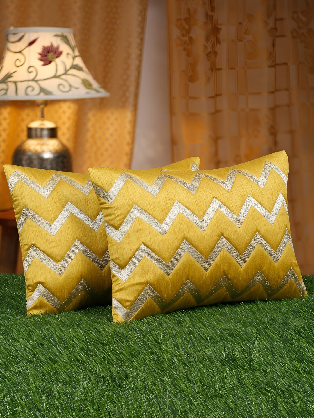 

HOSTA HOMES Yellow & Gold-Toned 2 Pieces Embellished Rectangle Cushion Covers