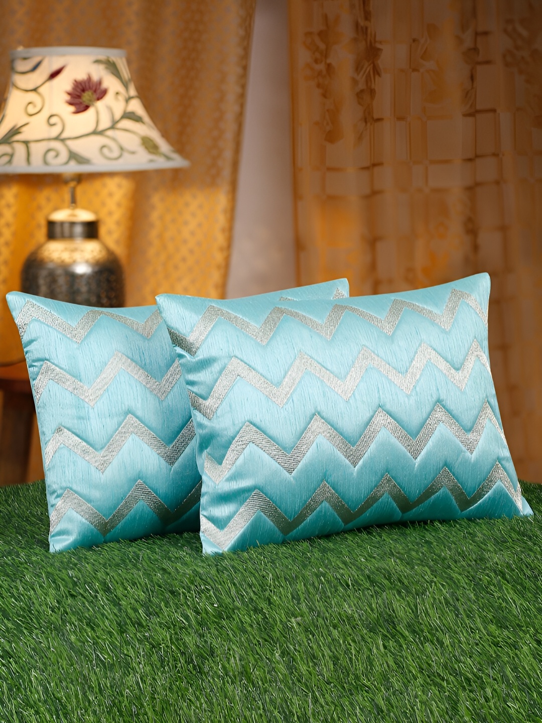 

HOSTA HOMES Blue & Gold-Toned 2 Pieces Embellished Rectangle Cushion Covers
