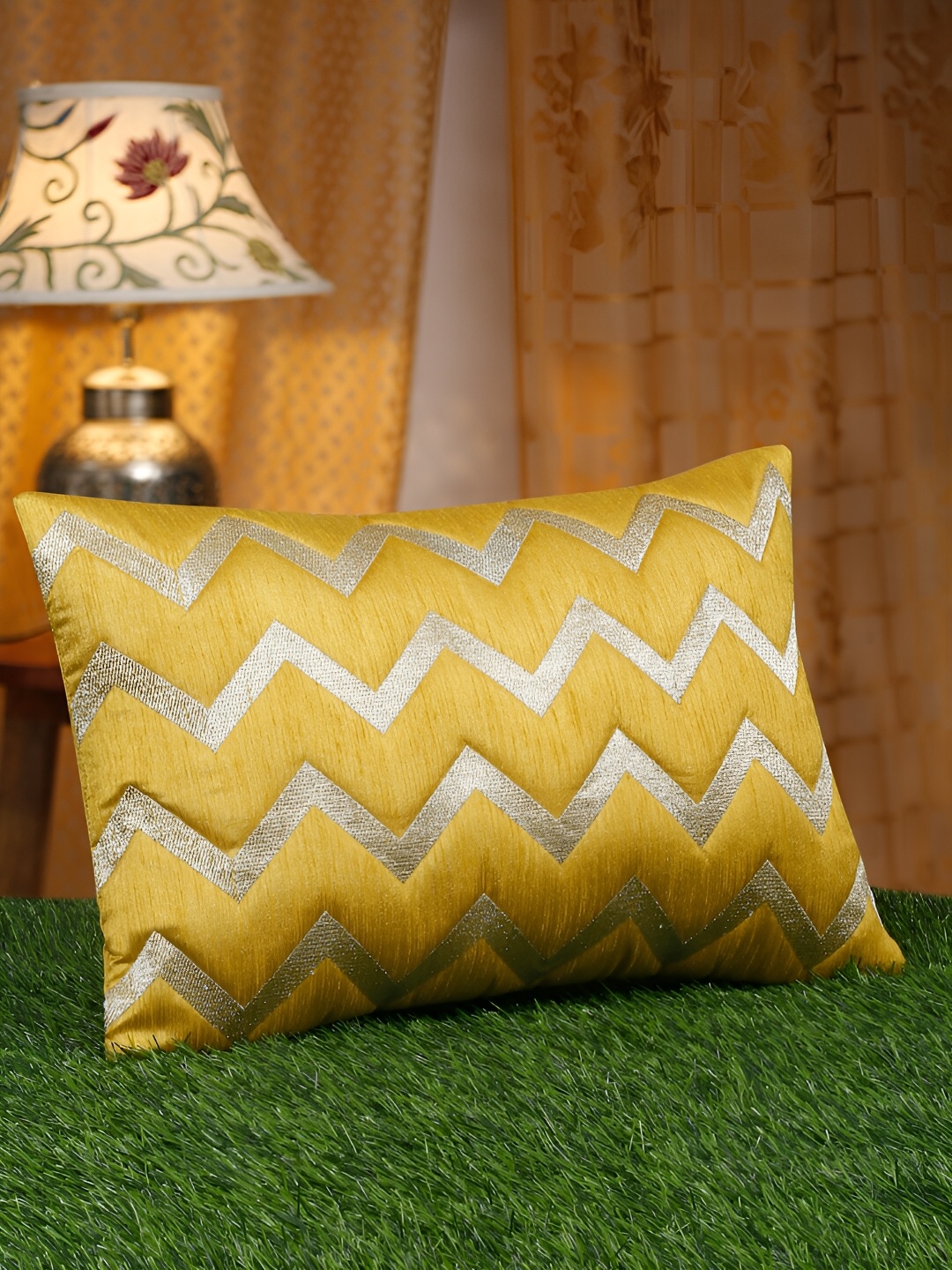 

HOSTA HOMES Yellow & Silver-Toned Embellished Rectangle Cushion Covers