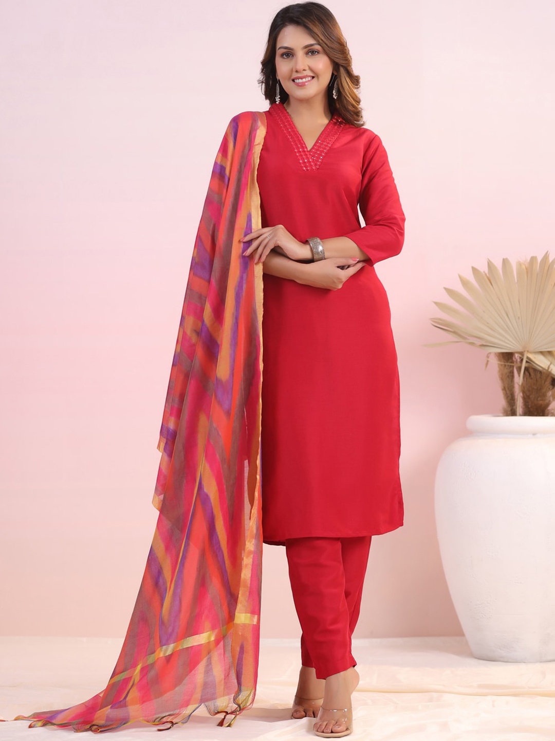 

Sangria V-Neck Straight Kurta & Trouser With Dupatta, Red