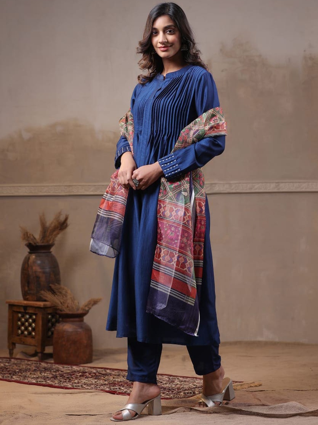 

Sangria Blue Mandarin Collar Pleated Thread Work Kurta With Trousers & Dupatta