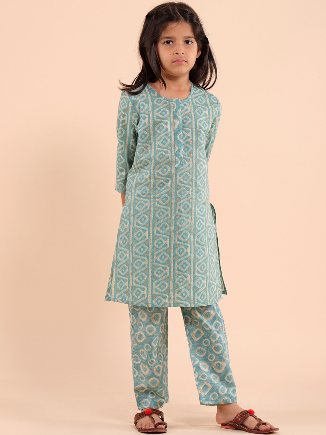 

Sangria Girls Printed Panelled Pure Cotton Kurta with Trousers, Teal