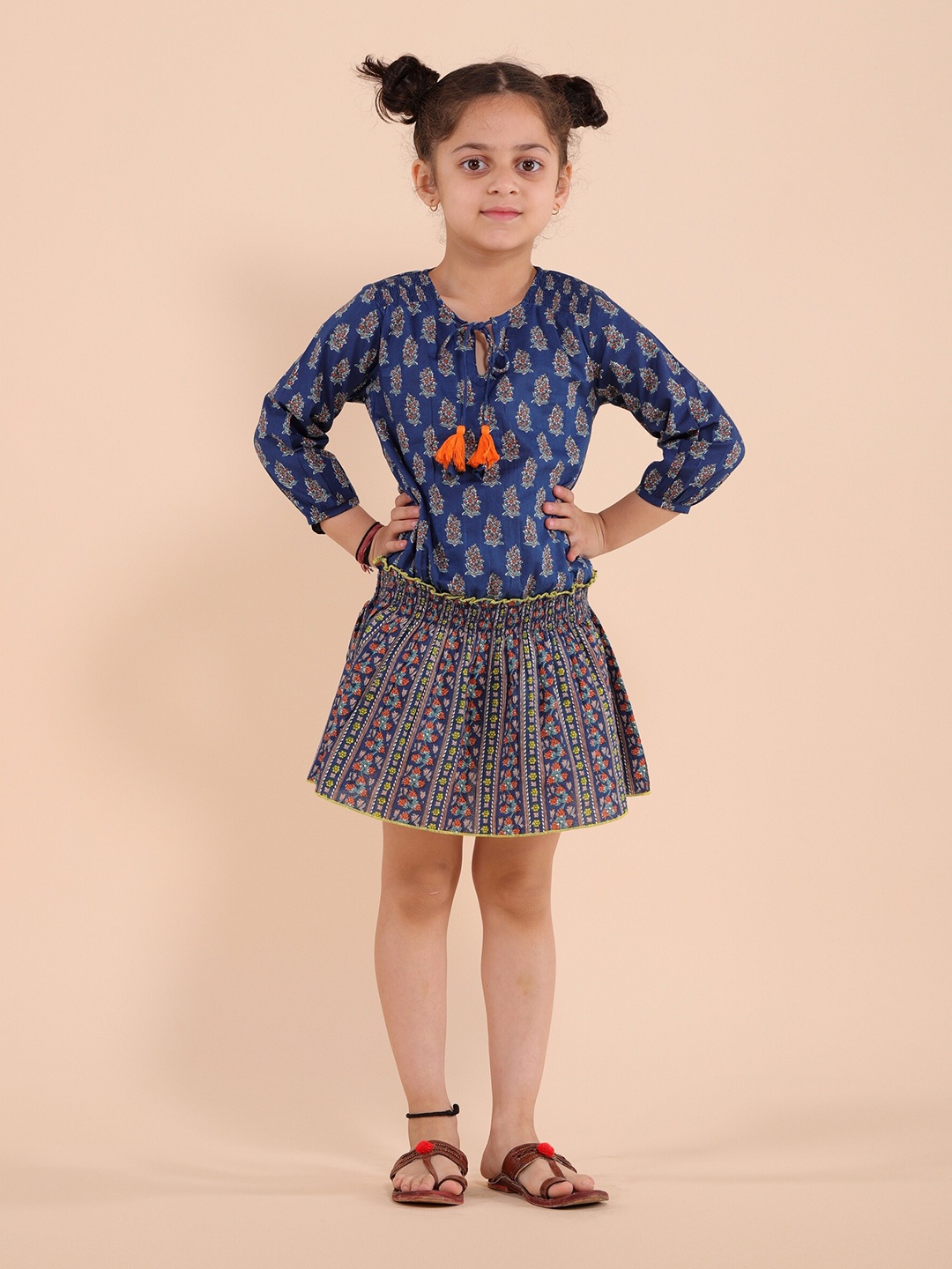 

Sangria Ethnic Motifs Printed Pure Cotton Fit & Flare Ethnic Dress, Navy blue