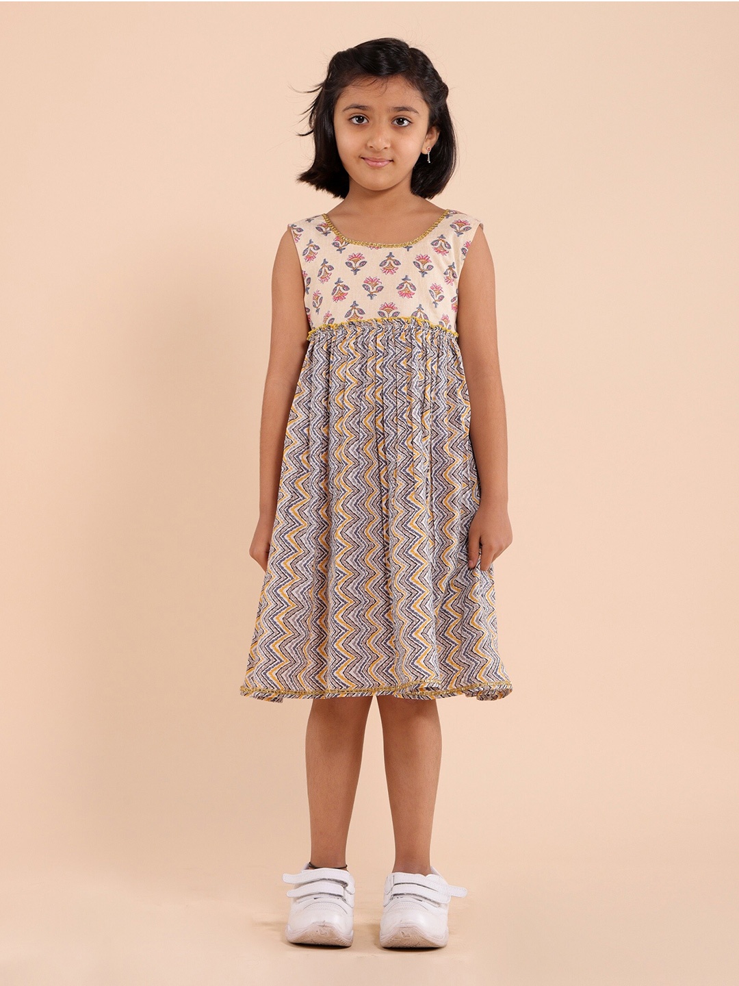 

Sangria Printed Pure Cotton Fit & Flare Ethnic Dress, Beige