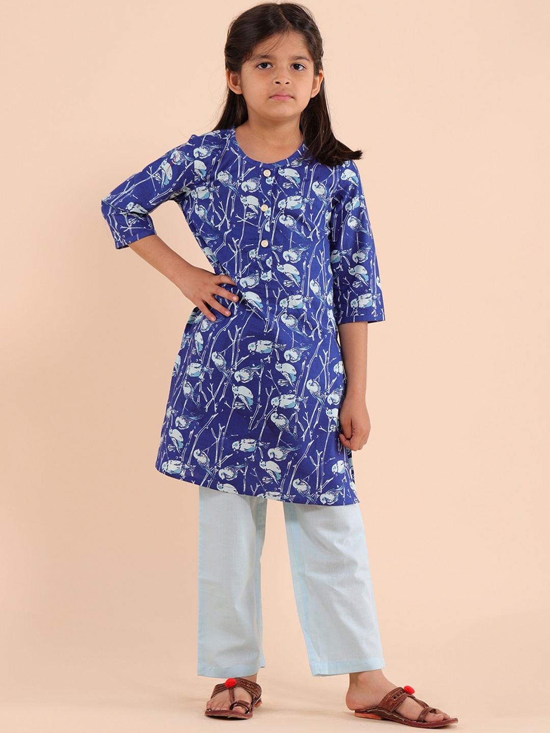 

Sangria Girls Blue Ethnic Motifs Printed Regular Pure Cotton Kurta with Trousers