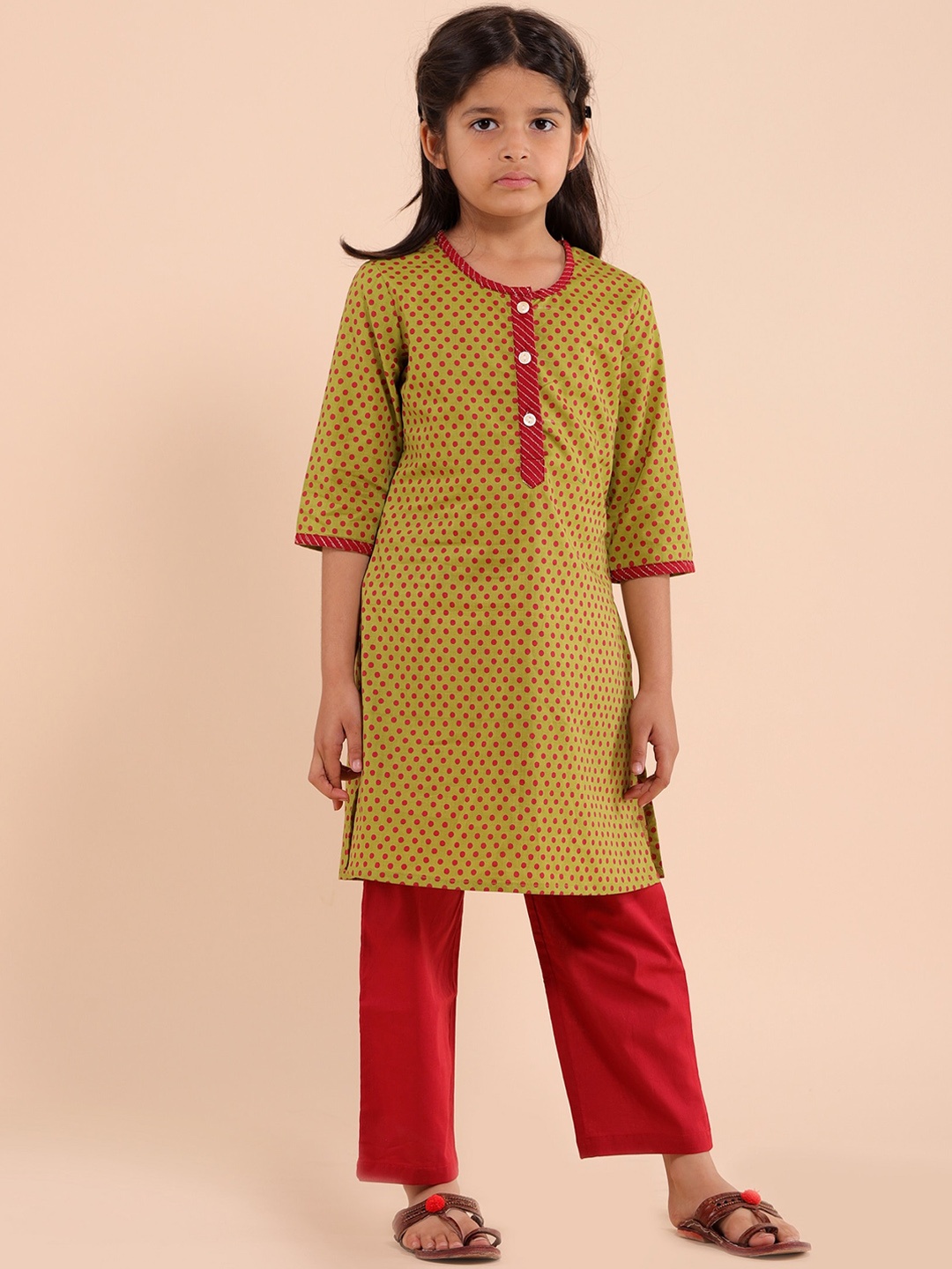 

Sangria Girls Polka Dots Printed Pure Cotton Kurta With Trouser, Green