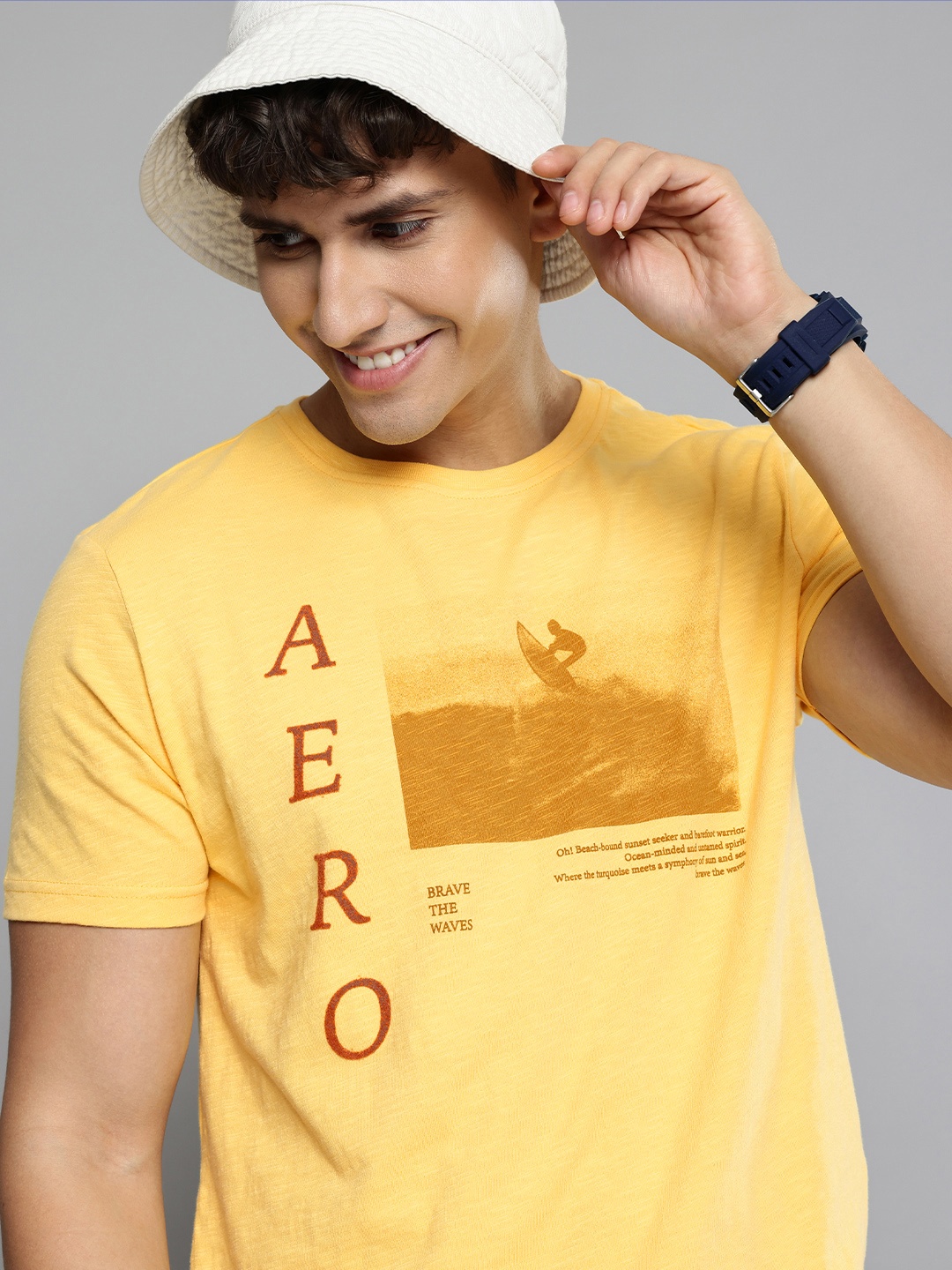 

Aeropostale Men Brand Logo Printed Pure Cotton T-shirt, Yellow