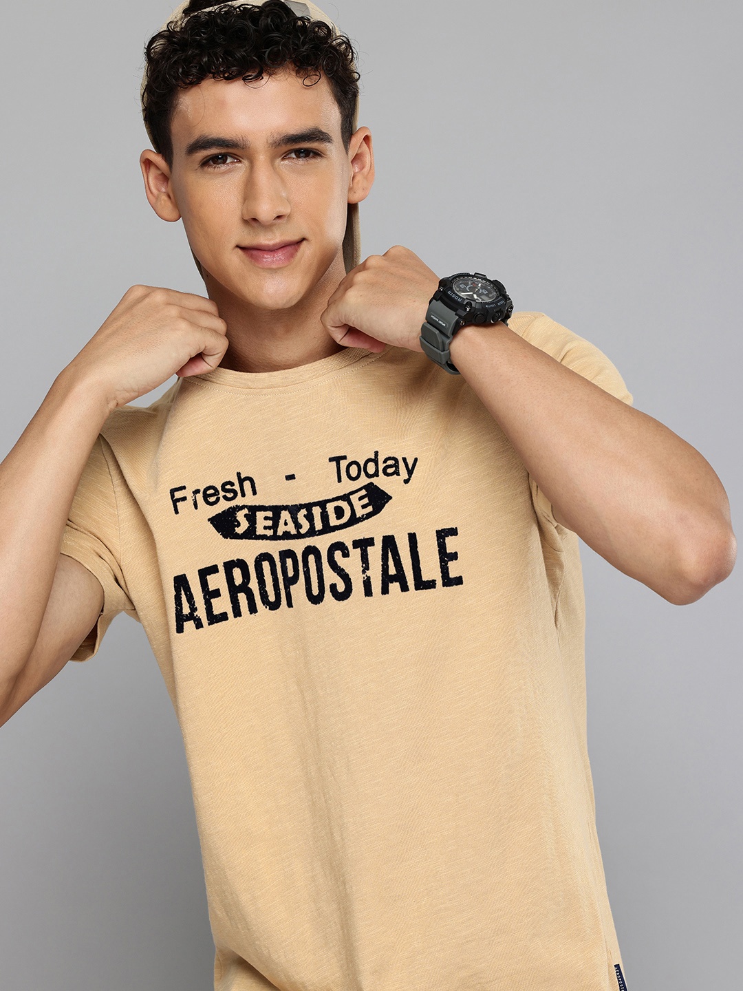 

Aeropostale Brand Logo Printed Pure Cotton Slub Effect T-shirt, Beige