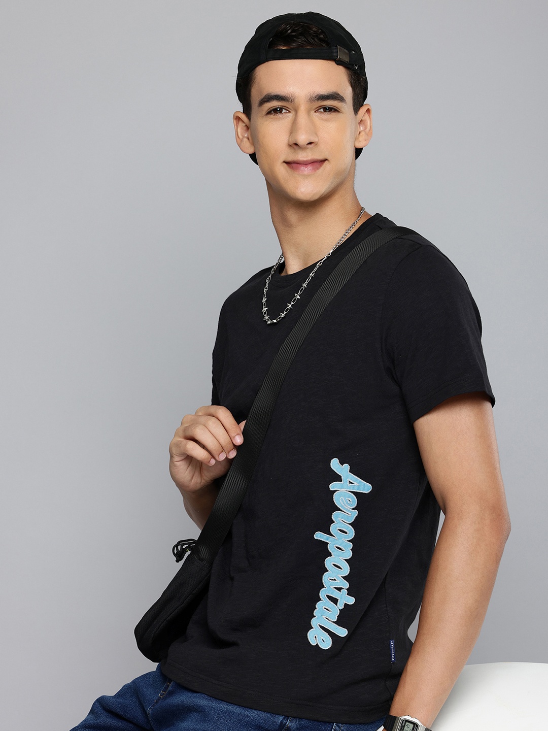 

Aeropostale Pure Cotton Embroidered Brand Logo Casual T-shirt, Black