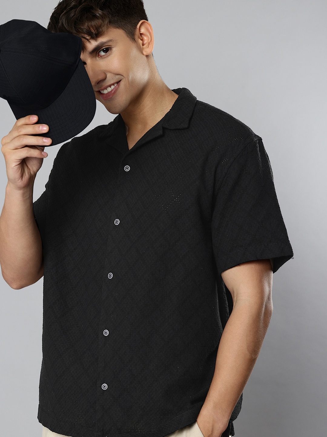 

Aeropostale Pure Cotton Self Design Knitted Casual Shirt, Black