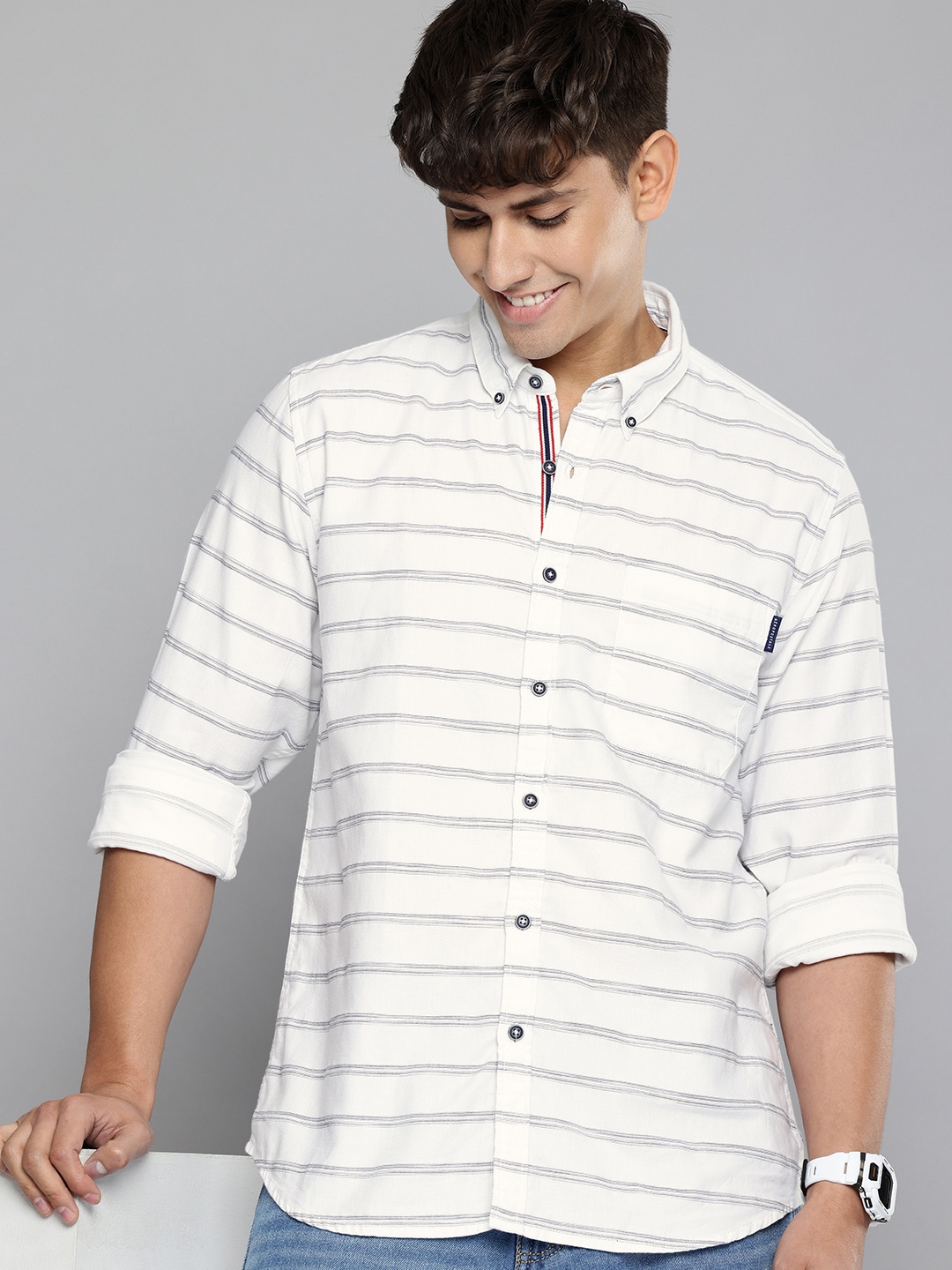 

Aeropostale Pure Cotton Horizontal Striped Casual Shirt, White