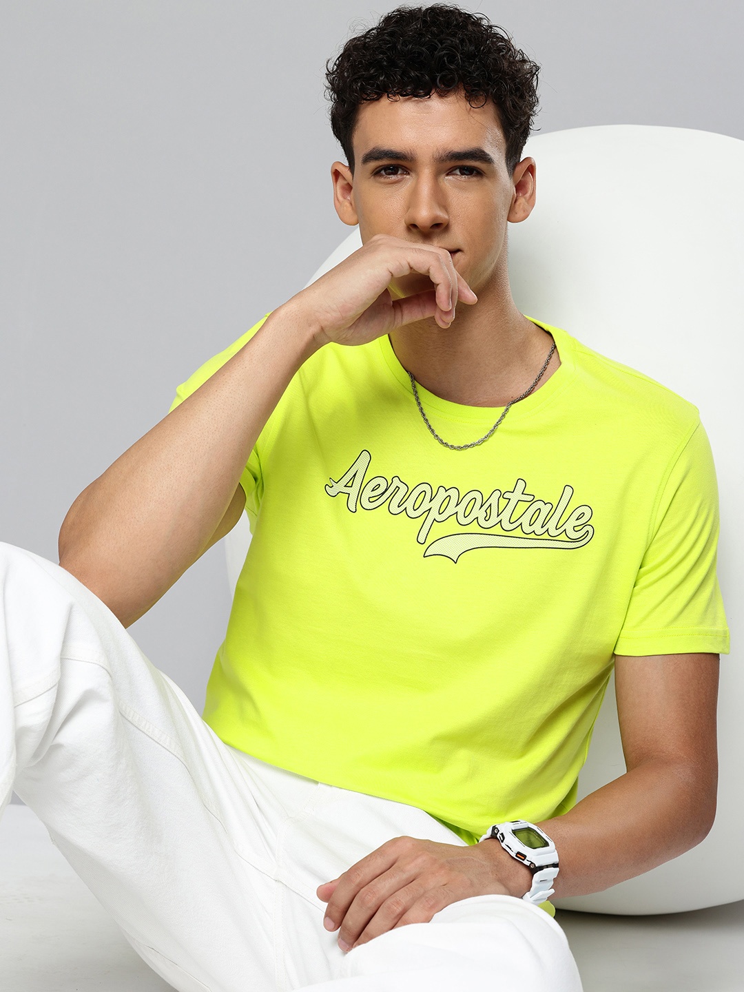 

Aeropostale Men Brand Logo Printed Pure Cotton T-shirt, Fluorescent green