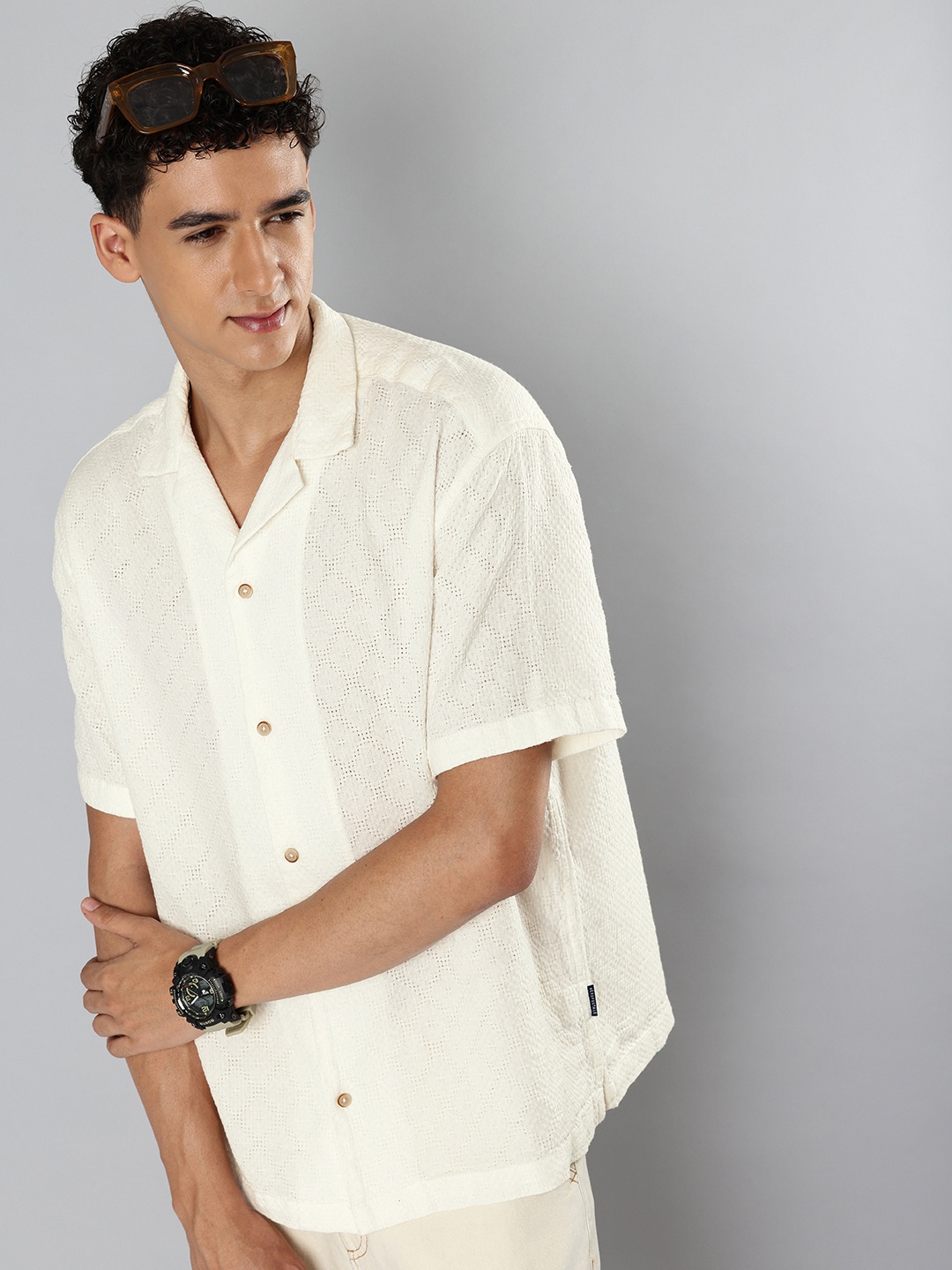 

Aeropostale Pure Cotton Self Design Knitted Casual Shirt, White