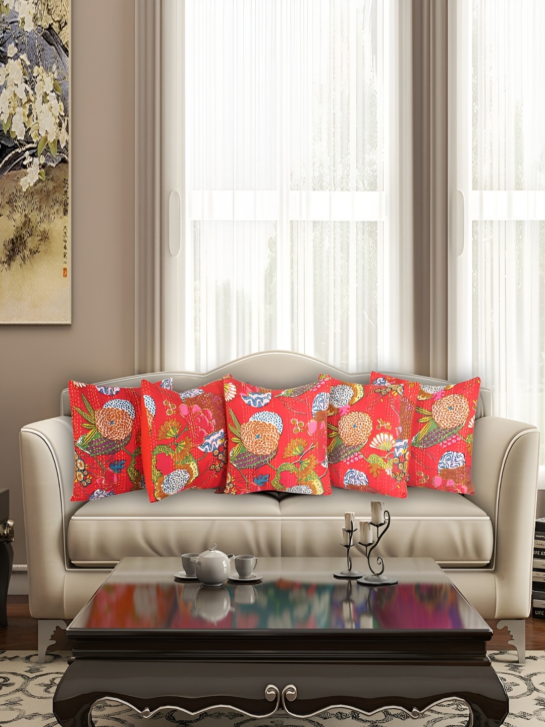 

Bohekant Orange & White 5Pcs Floral Cotton Square Cushion Covers