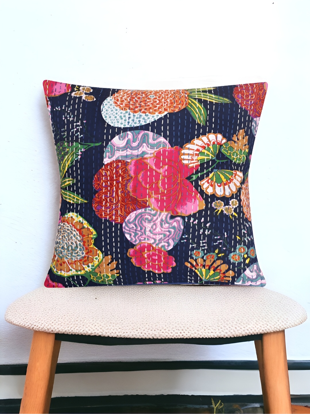 

Bohekant Navy Blue & Pink Floral Cotton Square Cushion Covers