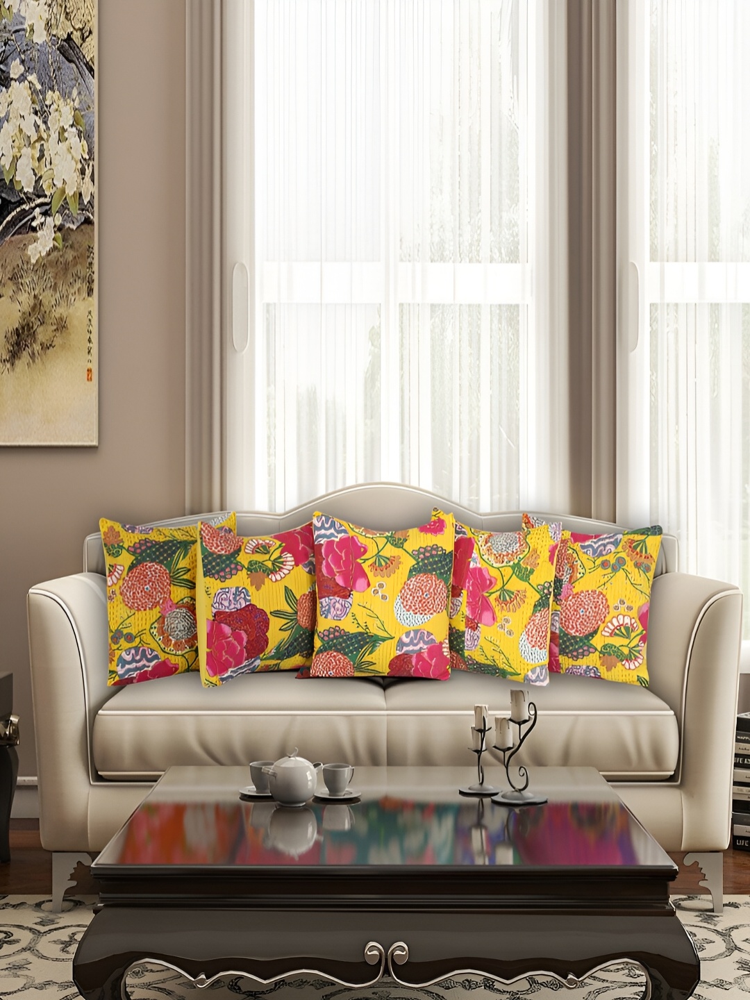 

Bohekant Yellow & Pink 5Pcs Embroidered Cotton Square Cushion Covers