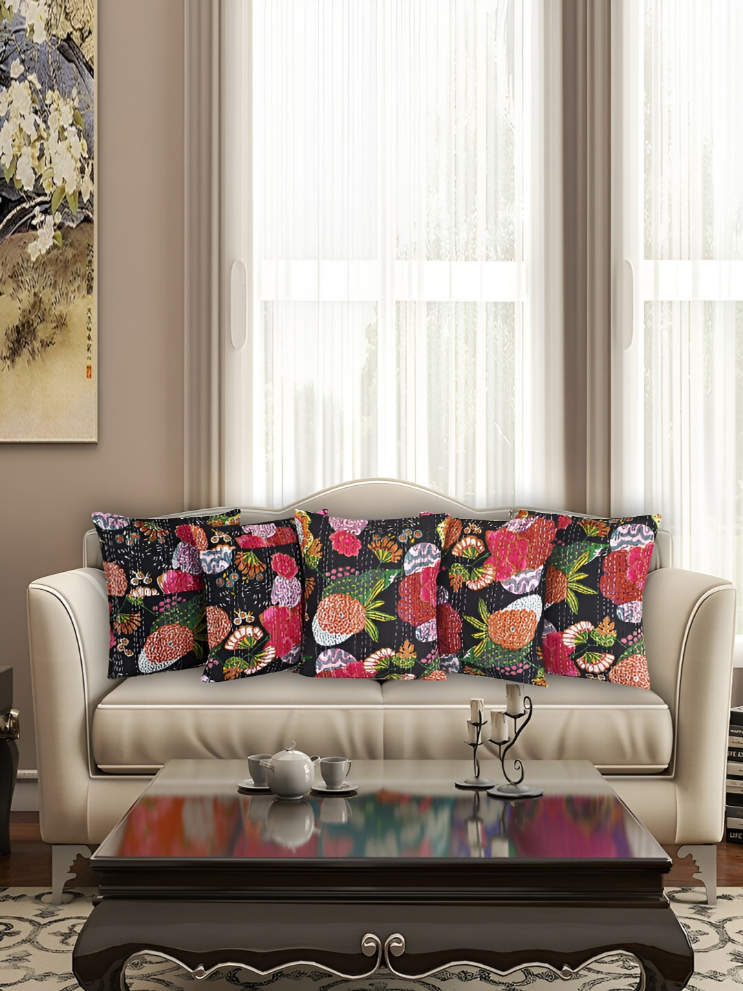 

Bohekant Black & Green 5Pcs Embroidered Cotton Square Cushion Covers
