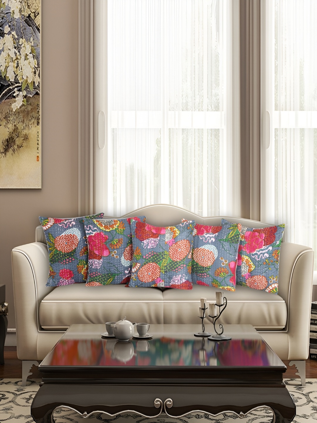 

Bohekant Grey & Pink 5Pcs Embroidered Cotton Square Cushion Covers