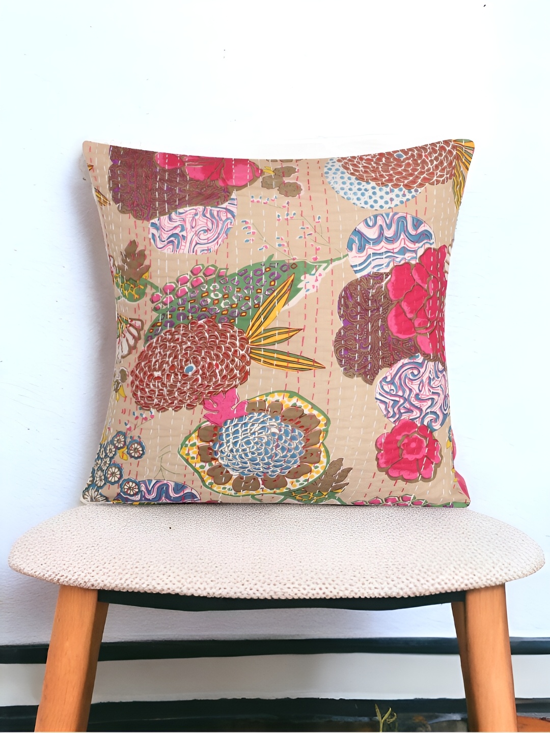 Bohekant Beige & Pink Embroidered Cotton Square Cushion Covers