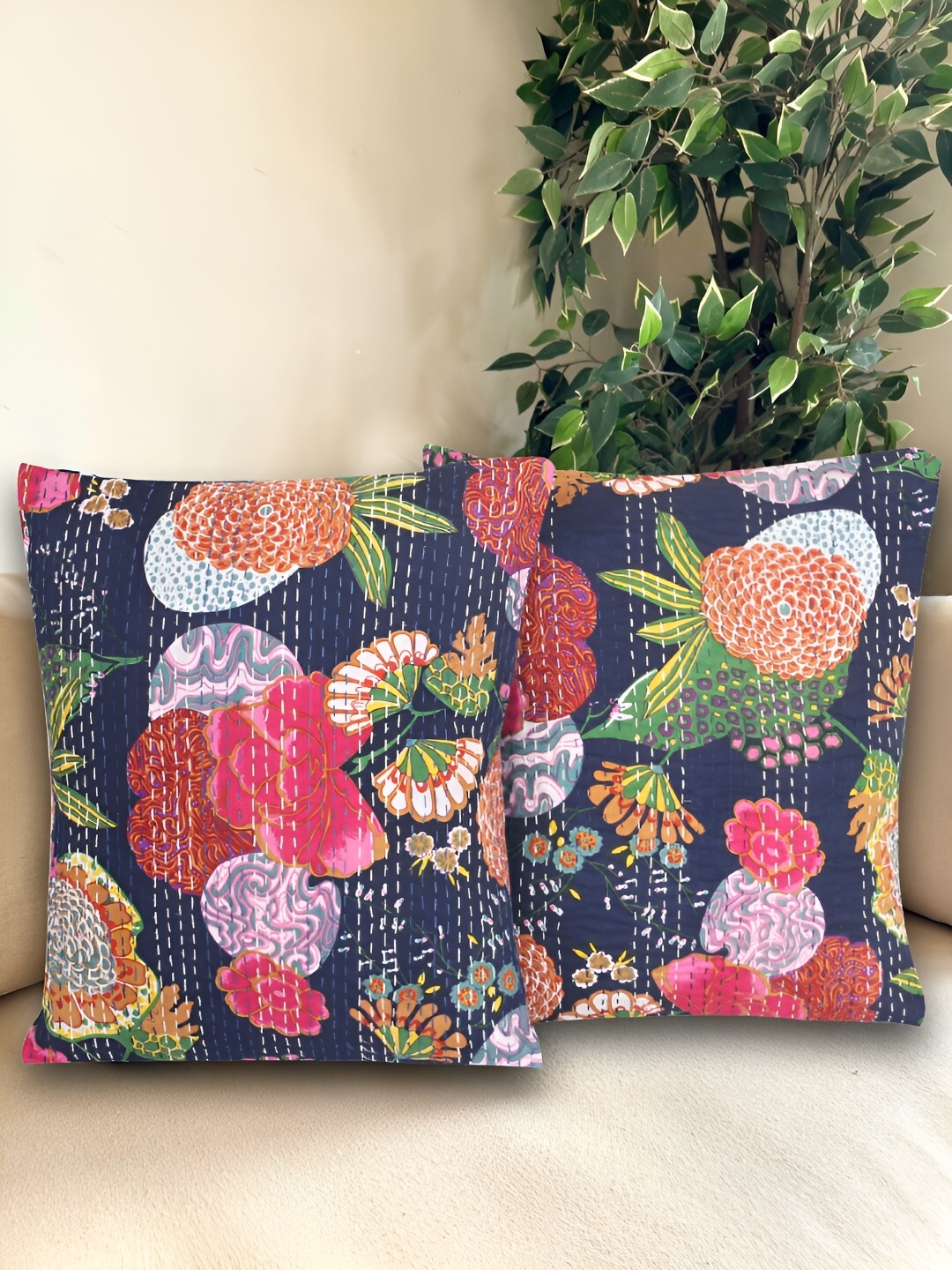 

Bohekant Navy Blue & Pink 2Pcs Embroidered Cotton Square Cushion Covers