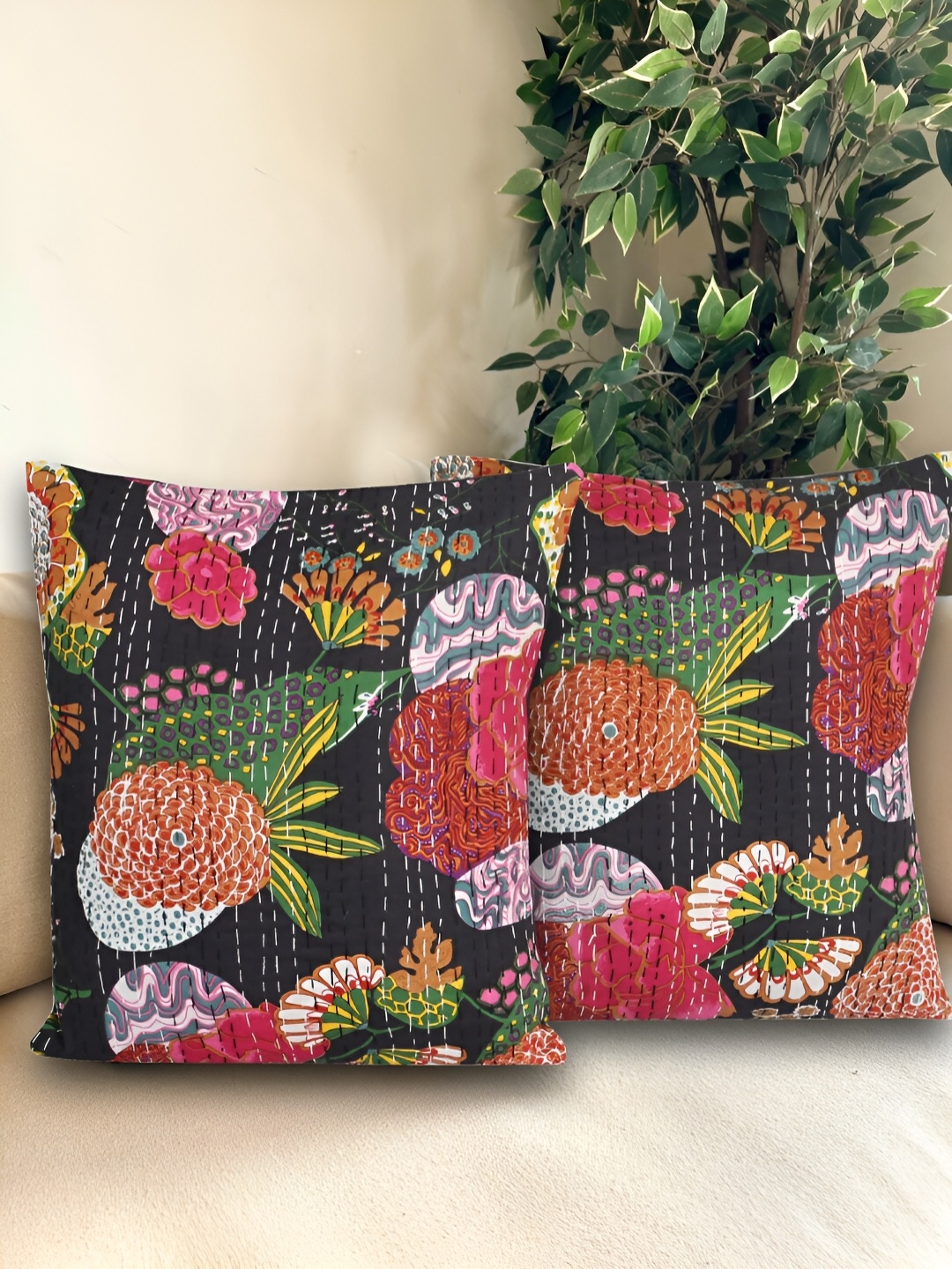 

Bohekant Black & Pink 2Pcs Embroidered Cotton Square Cushion Covers
