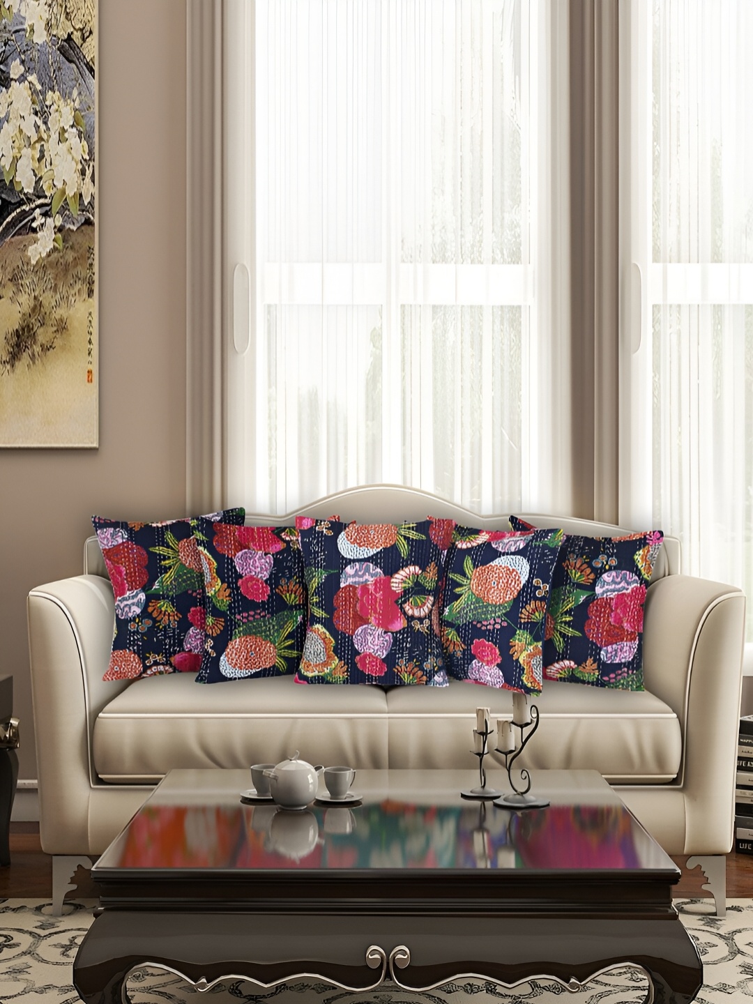 Bohekant Navy Blue & Pink 5Pcs Embroidered Cotton Square Cushion Covers