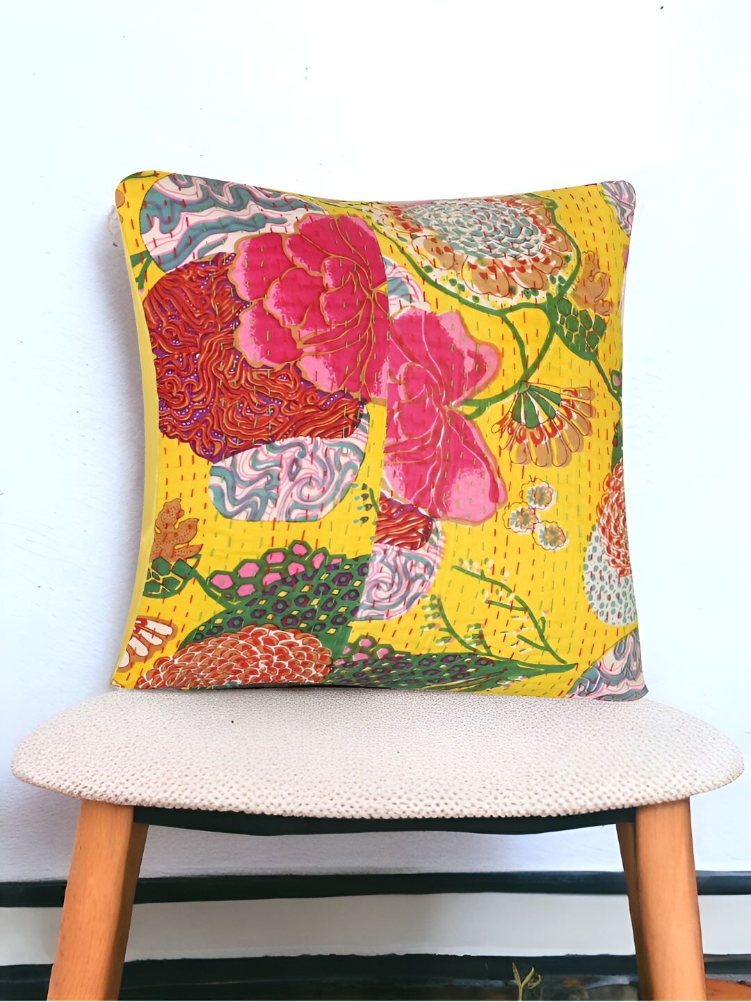 Bohekant Yellow & Pink Embroidered Cotton Square Cushion Covers