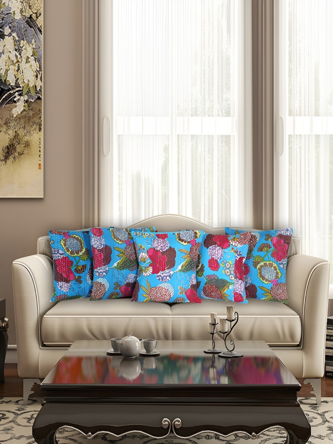 

Bohekant Turquoise Blue & Pink 5Pcs Embroidered Cotton Square Cushion Covers