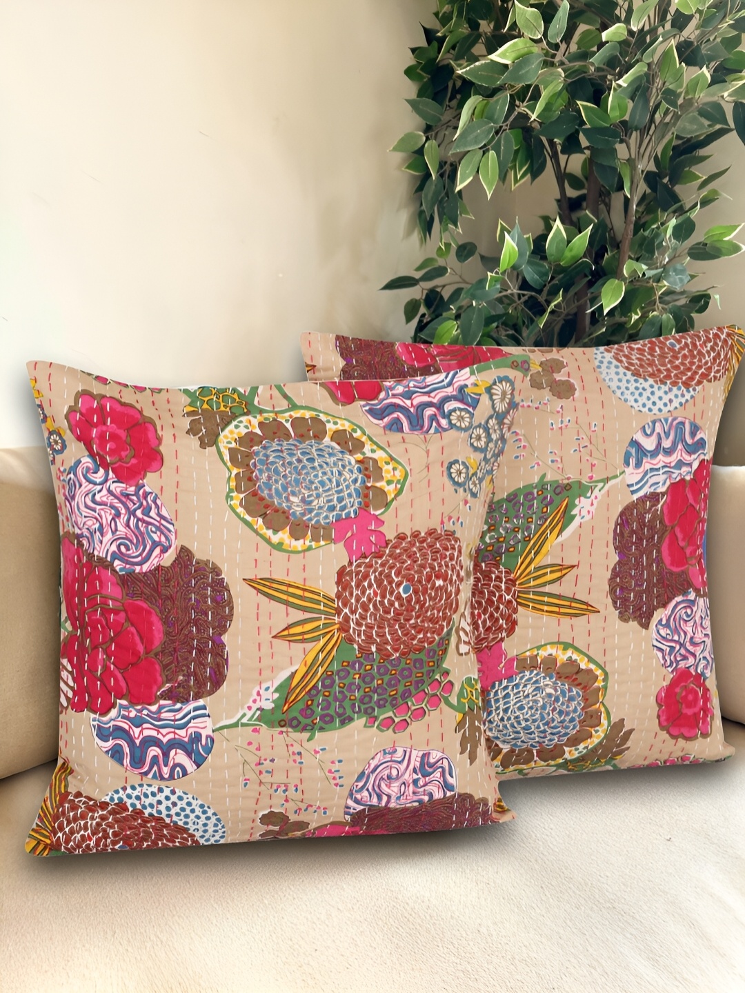 Bohekant Beige & Pink 2Pcs Embroidered Cotton Square Cushion Covers