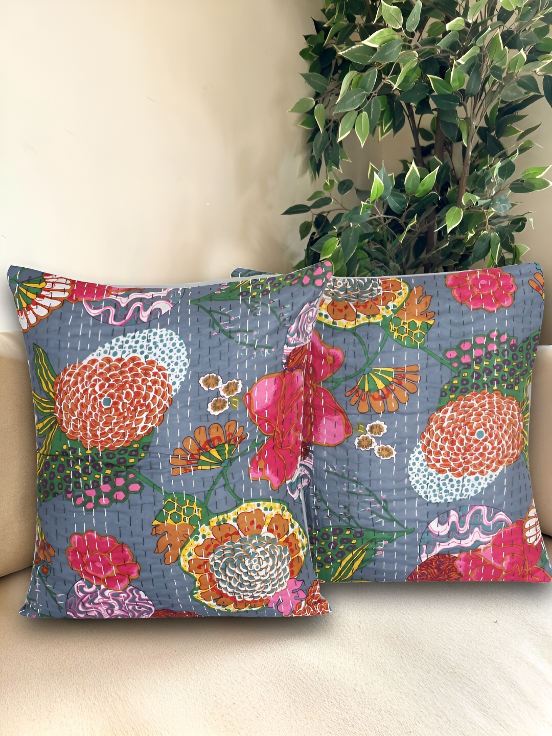 

Bohekant Grey & Pink 2Pcs Embroidered Cotton Square Cushion Covers