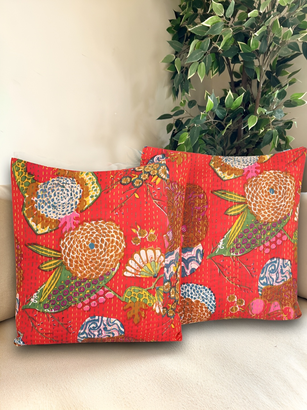 Bohekant Orange & White 2Pcs Embroidered Cotton Square Cushion Covers