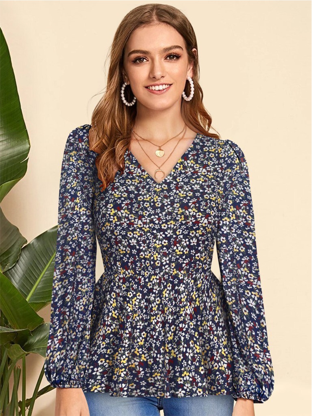 

KALINI Floral Prined V-Neck Puff Sleeves Peplum Top, Blue