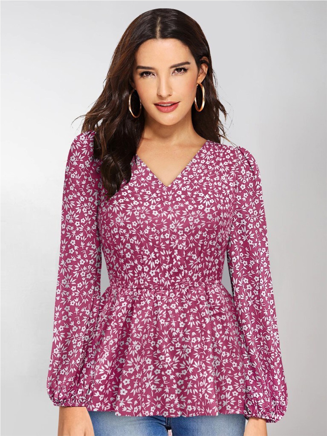 

KALINI Floral Printed Puff Sleeve Peplum Top, Pink