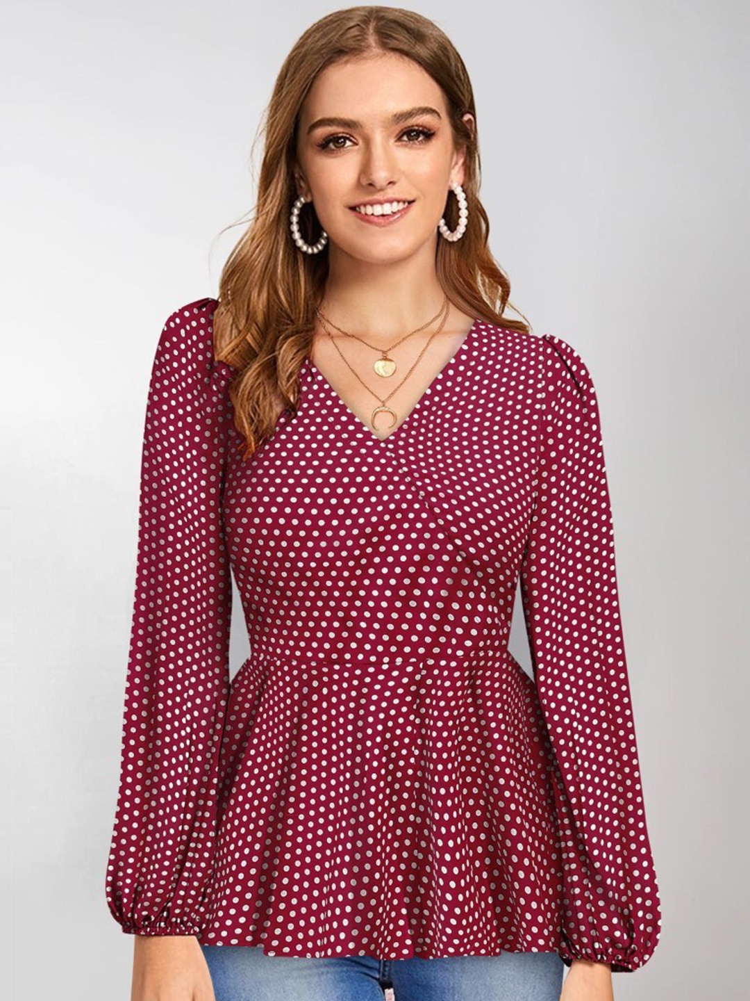 

KALINI Polka Dot Printed Puff Sleeve Peplum Top, Maroon