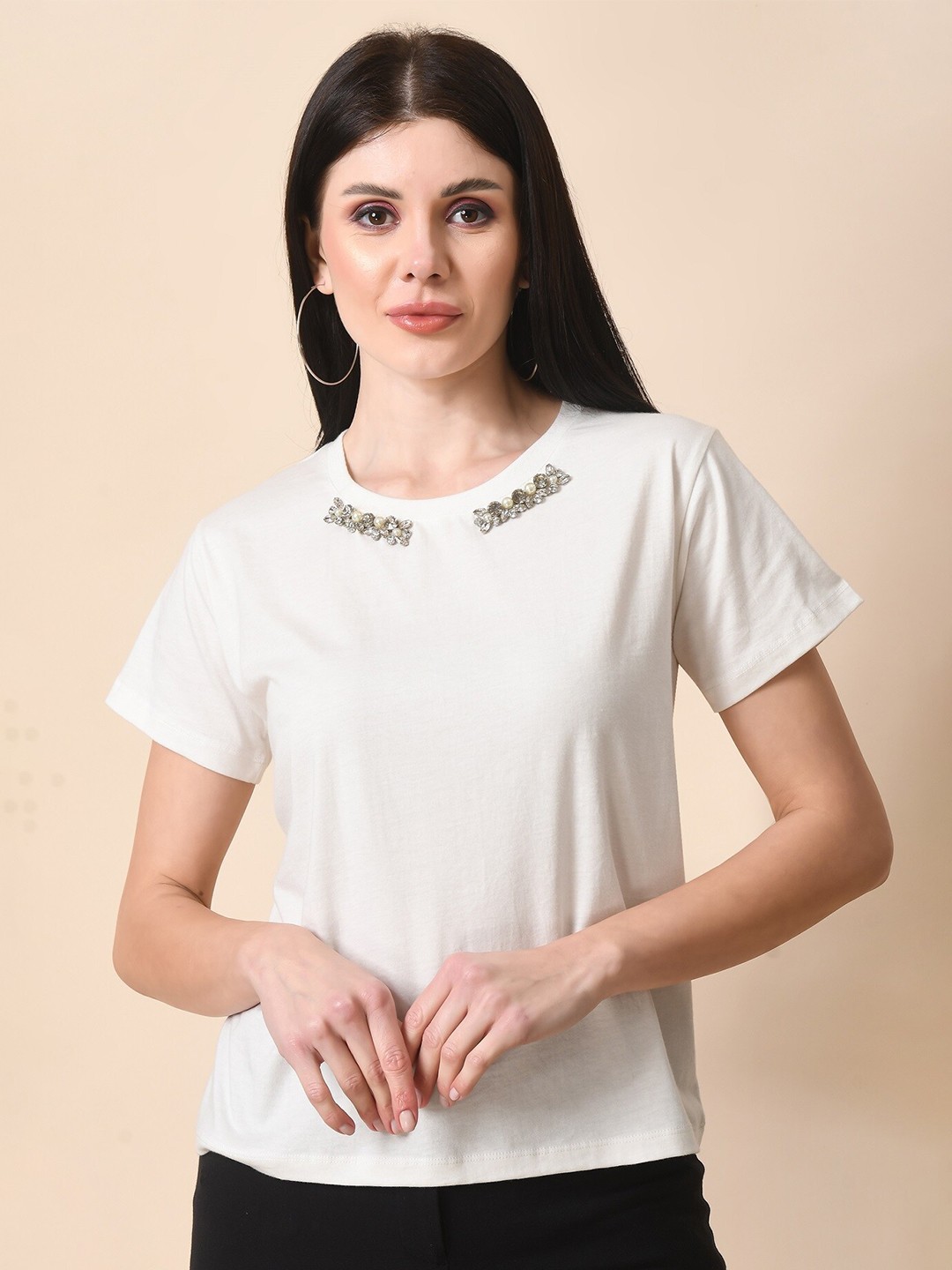 

HERE&NOW Embellished Pure Cotton T-shirt, White