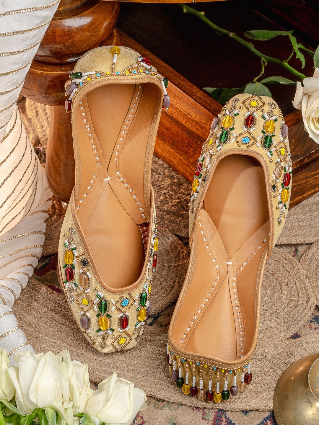 

NR By Nidhi Rathi Embellished Square Toe Mojaris, Gold