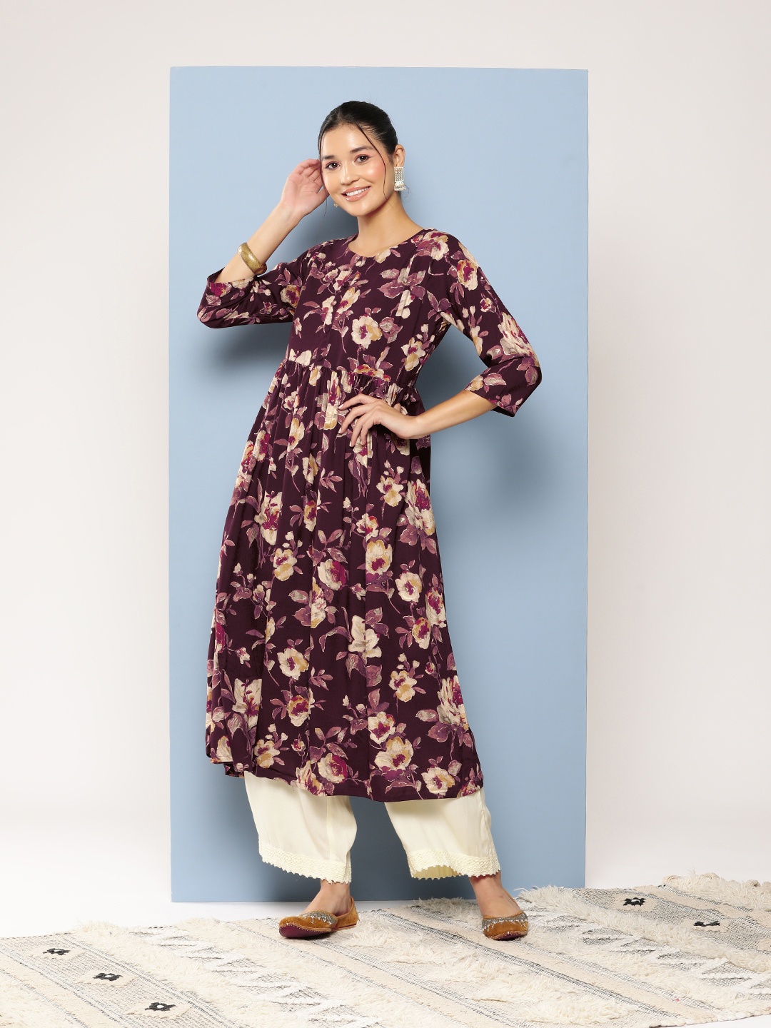 

Aarika Women Floral Printed A-Line Kurta, Burgundy