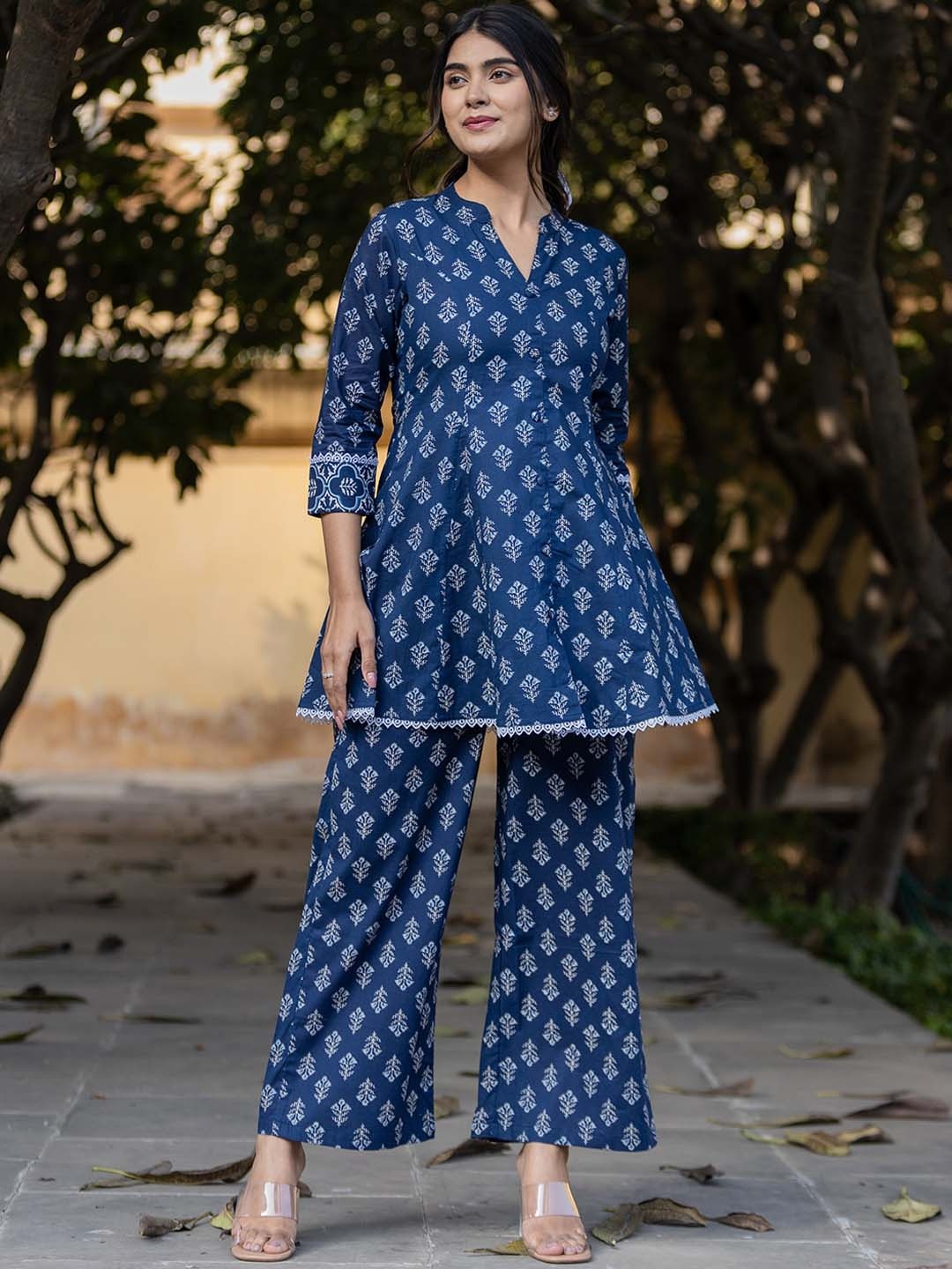 

Yufta Printed Pure Cotton Top & Trouser Co-Ord Set, Blue
