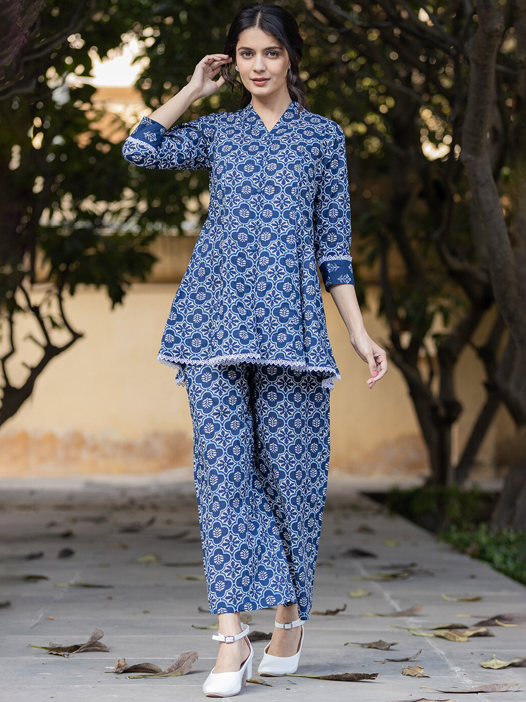 

Yufta Printed Pure Cotton Top With Palazzo Co-Ords, Blue