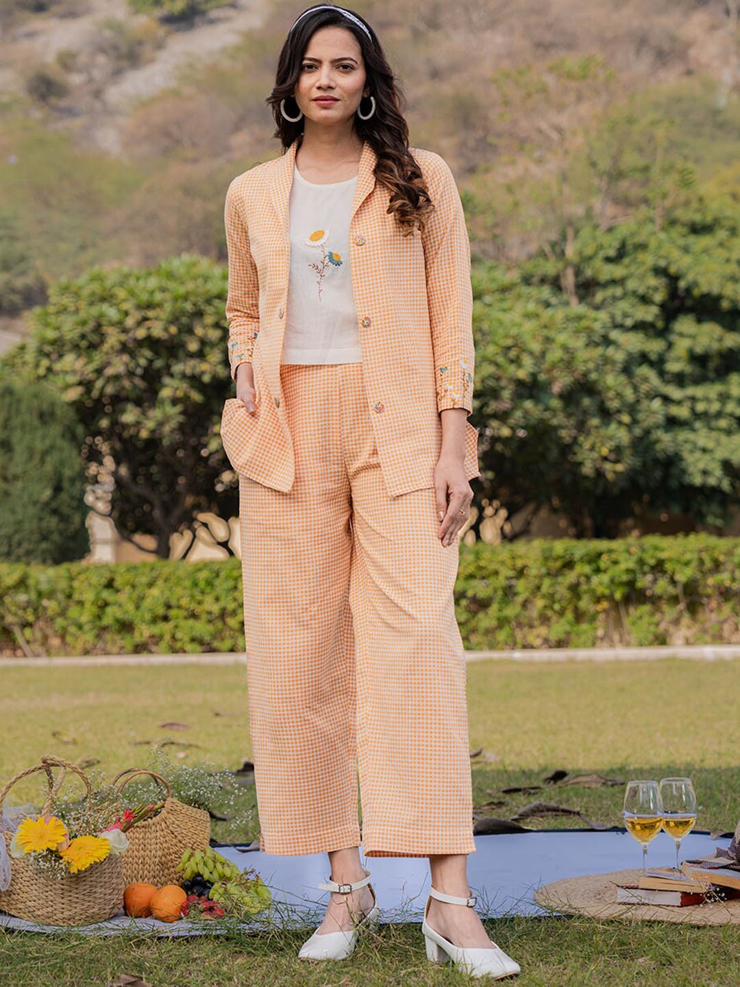 

Yufta Checked Jacket & Top with Trouser Co-Ord Set, Mustard