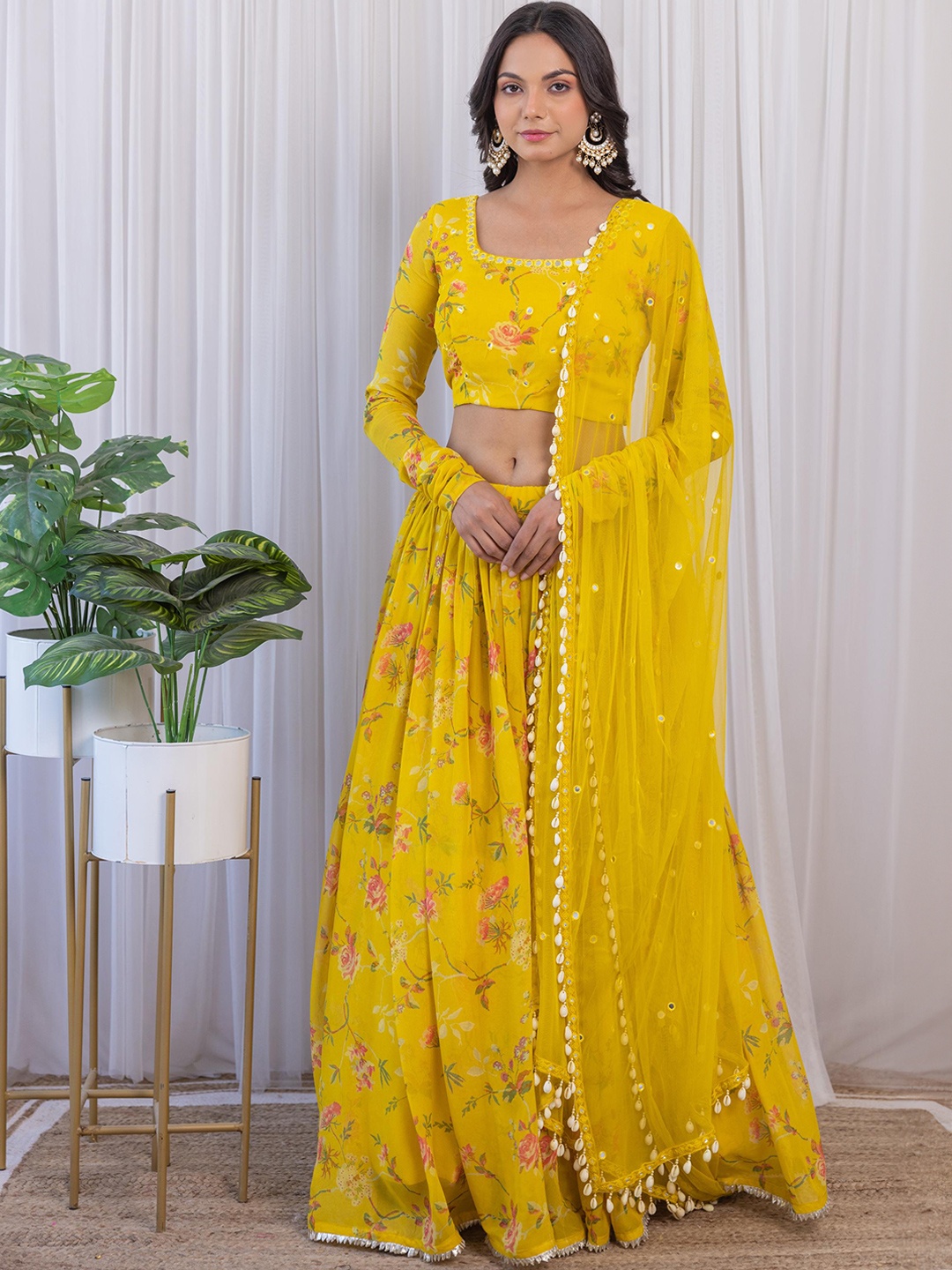 

LABEL KANUPRIYA Floral Printed Mirror Work Ready to Wear Lehenga With Blouse & Dupatta, Mustard