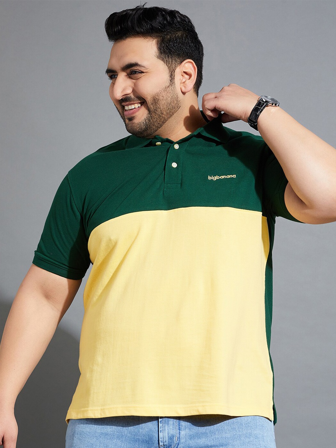 

bigbanana Plus Size Colourblocked Polo Collar Bio Finish Pure Cotton T-shirt, Green