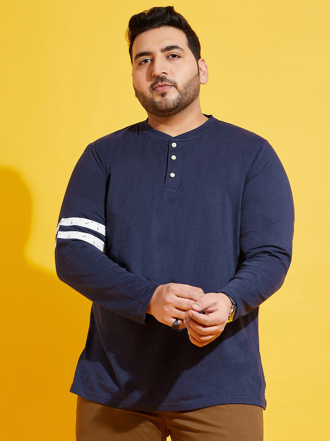

bigbanana Plus Size Henley Neck Bio Finish Pure Cotton T-shirt, Navy blue