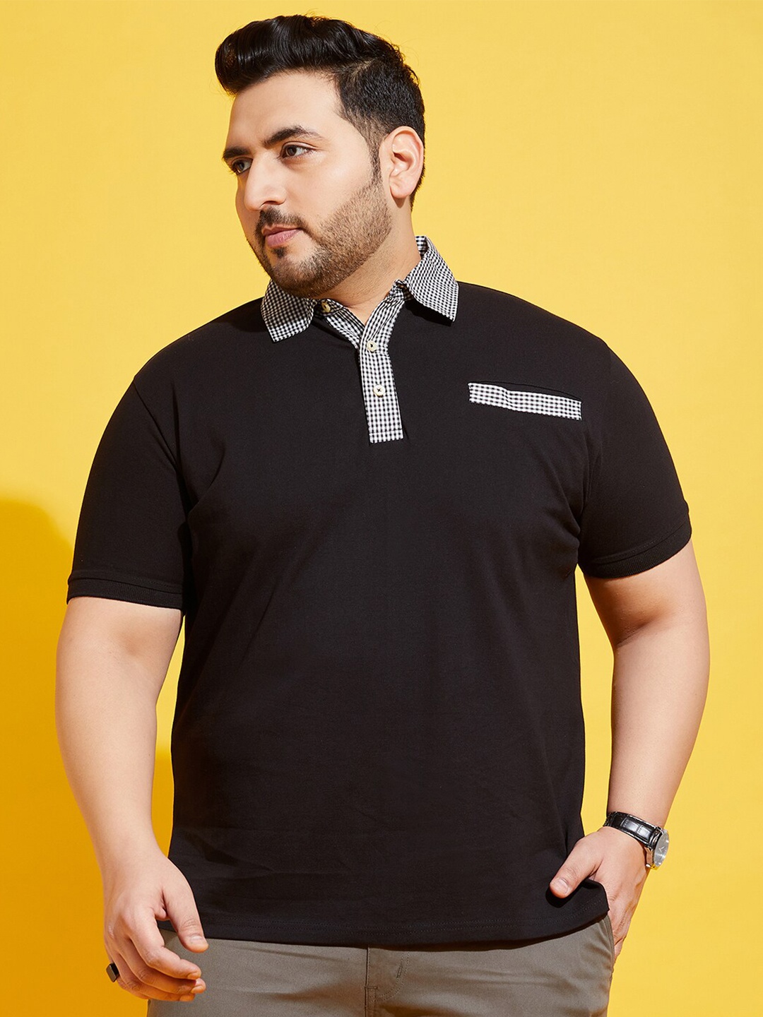 

bigbanana Plus Size Polo Collar Bio Finish Pure Cotton T-shirt, Black