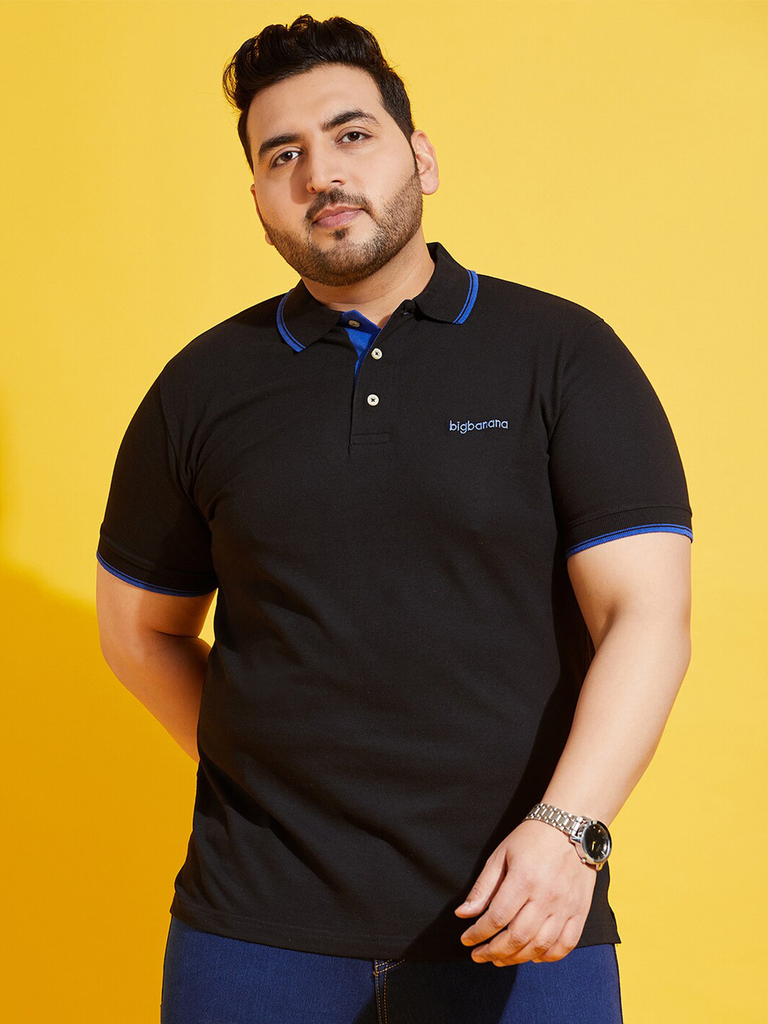 

bigbanana Plus Size Polo Collar Bio Finish Pure Cotton T-shirt, Black