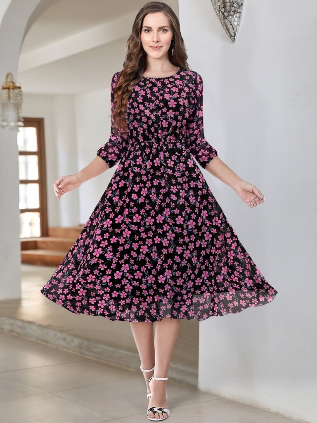 

KALINI Floral Printed Puff Sleeves Georgette Fit & Flare Midi Dress, Black