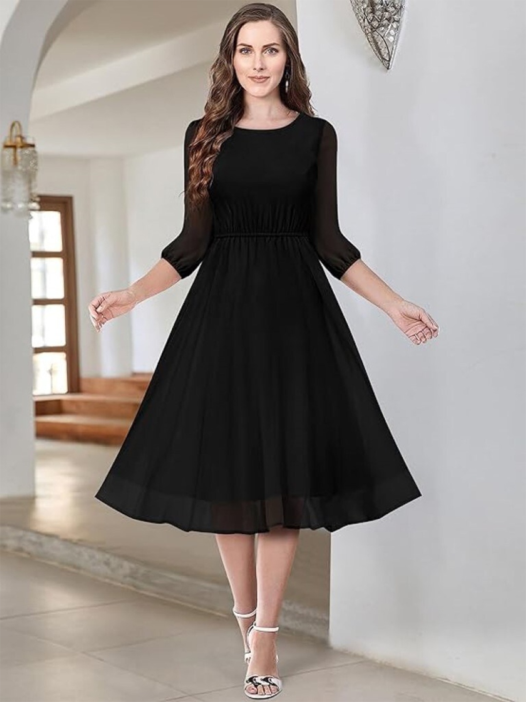 KALINI Round Neck Puff Sleeves Georgette Fit & Flare Midi Dress, Black