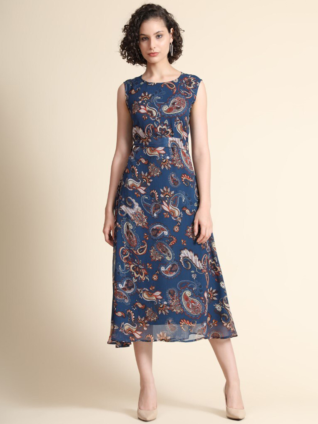 

KALINI Paisley Printed Belted Georgette A-Line Midi Dress, Navy blue