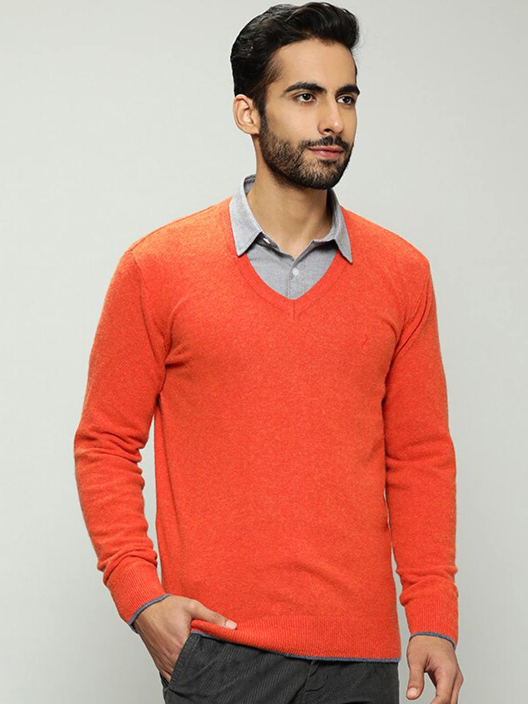 

Indian Terrain V Neck Long Sleeves Woollen Pullover Sweater, Red